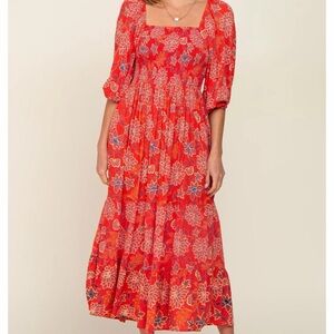 Angie Red Floral Smocked Puff Sleeve Tiered Midi Dress With Pockets | Boho Beach